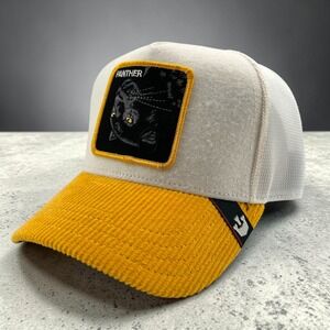 Goorin Bros Panther Rehtnap Trucker Hat White Yellow Corduroy Patch Snapback NEW